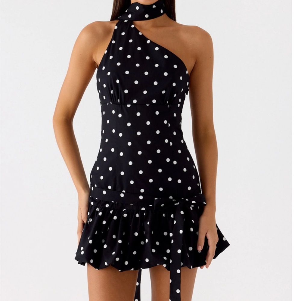 Peppermayo Black and White Polka Dot One-Shoulder Dress